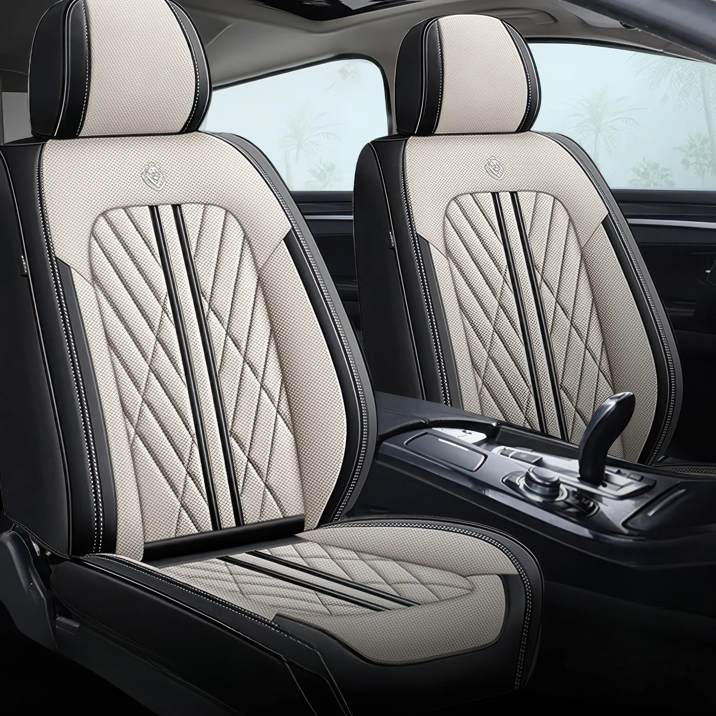2pcs Beige & Black Prestige Car Seat Covers / Waterproof