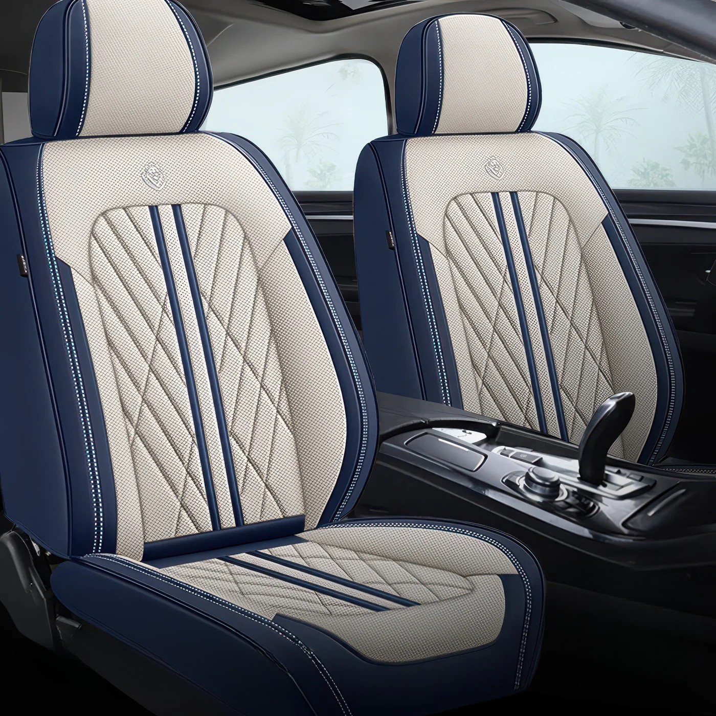 2pcs Beige & Green Prestige Car Seat  Covers / Waterproof